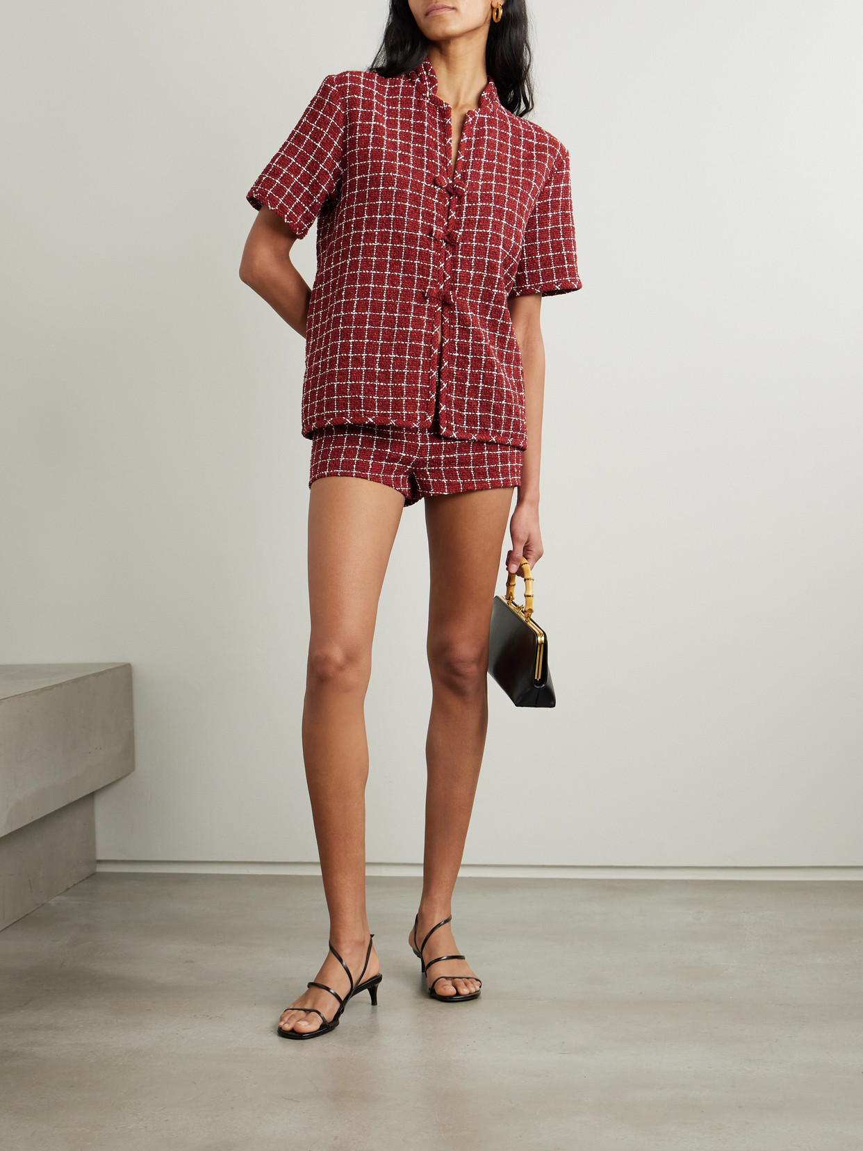 Liberowe Hetty Oversized Checked Bouclé-tweed Shirt In Burgundy