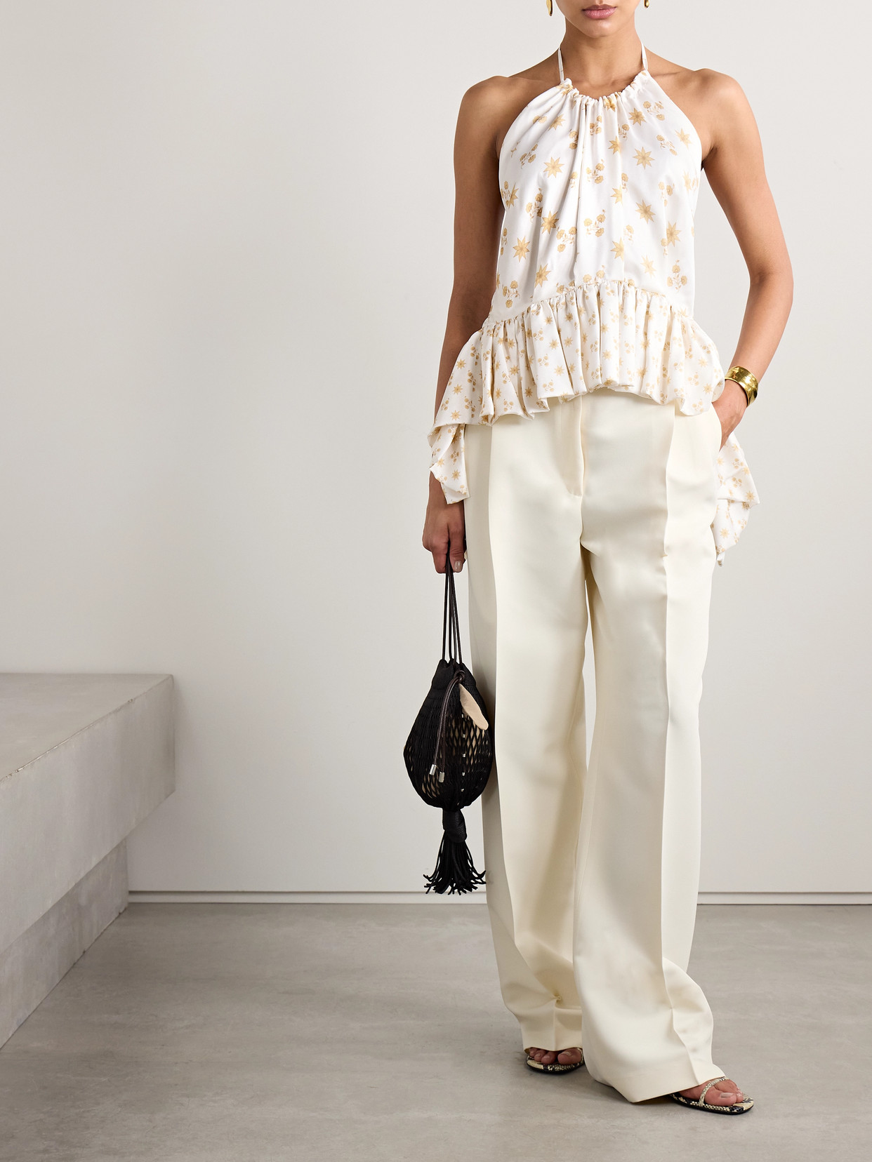 Liberowe Tamara Floral-print Crepe Peplum Halterneck Top In Ivory