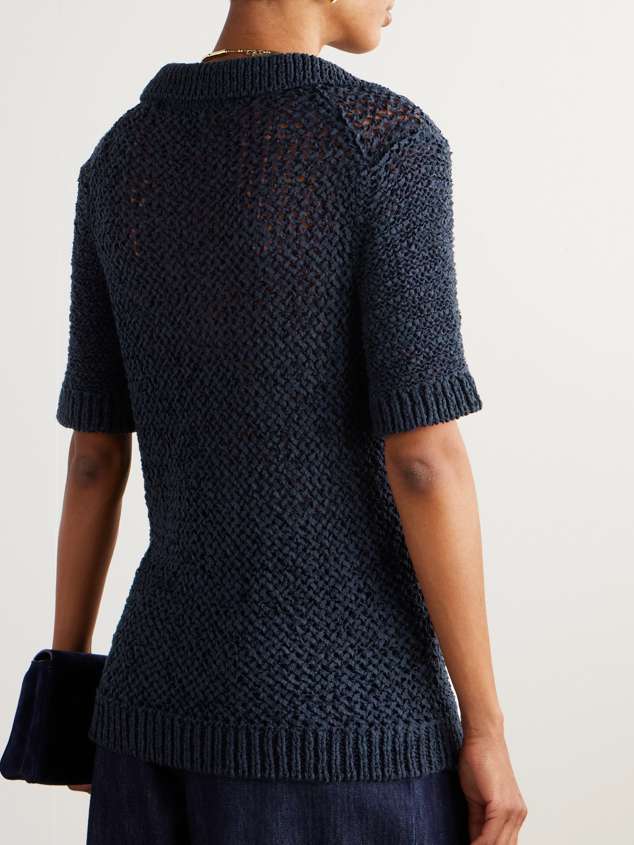 Shop Liberowe Open-knit Organic Cotton-blend Polo Shirt In Blue