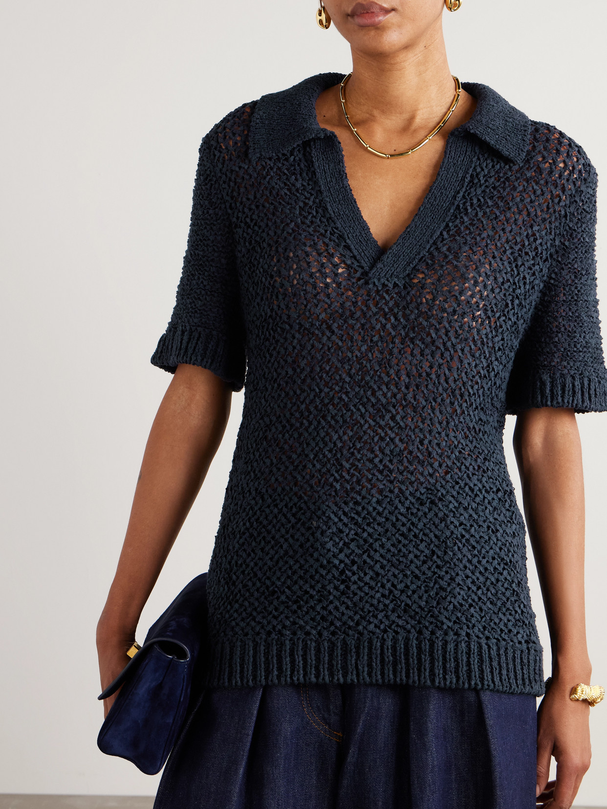 Shop Liberowe Open-knit Organic Cotton-blend Polo Shirt In Blue
