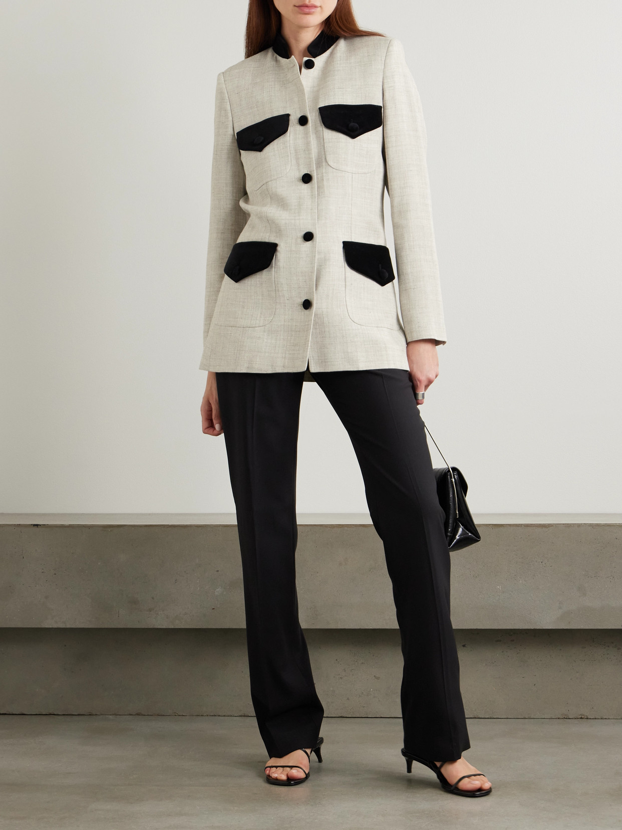 Shop Liberowe Raja Velvet-trimmed Canvas Blazer In Gray