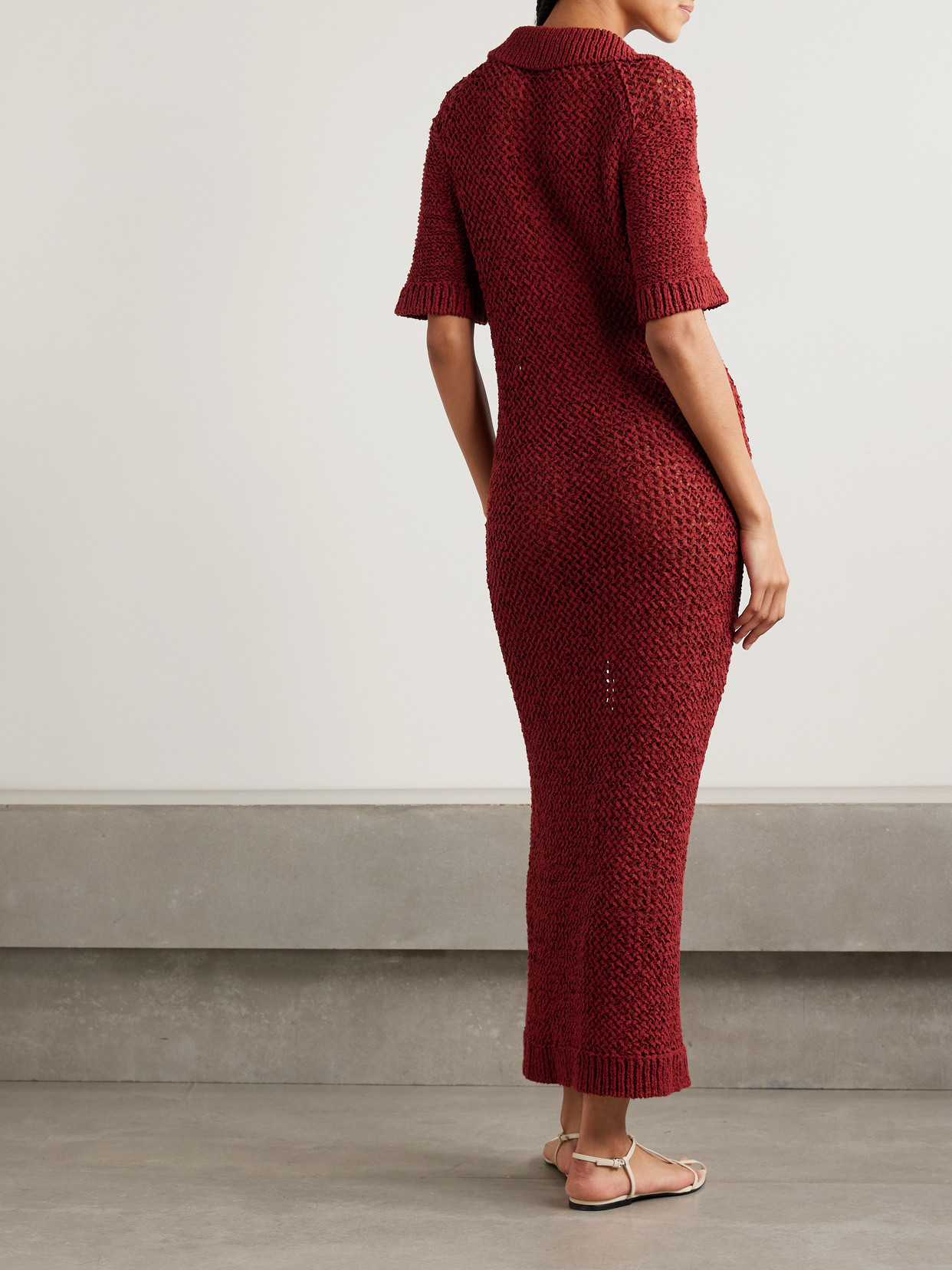 Shop Liberowe Open-knit Organic Cotton-blend Maxi Dress In Red