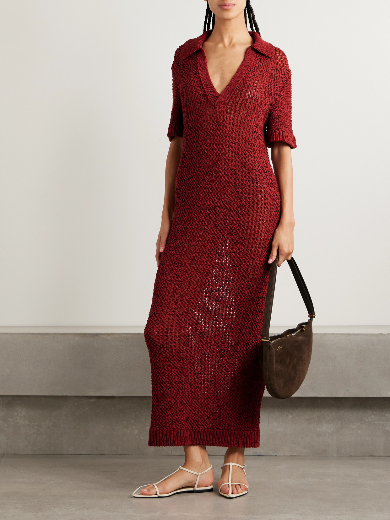 Shop Liberowe Open-knit Organic Cotton-blend Maxi Dress In Red