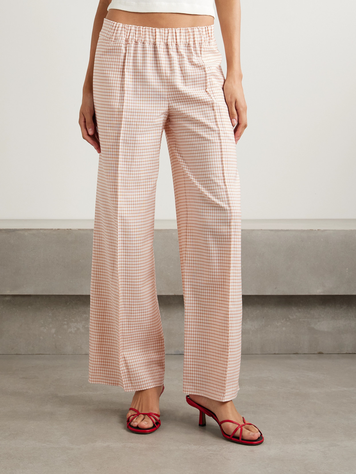 Shop Liberowe Poloma Checked Wool And Cotton-blend Wide-leg Pants In Cream