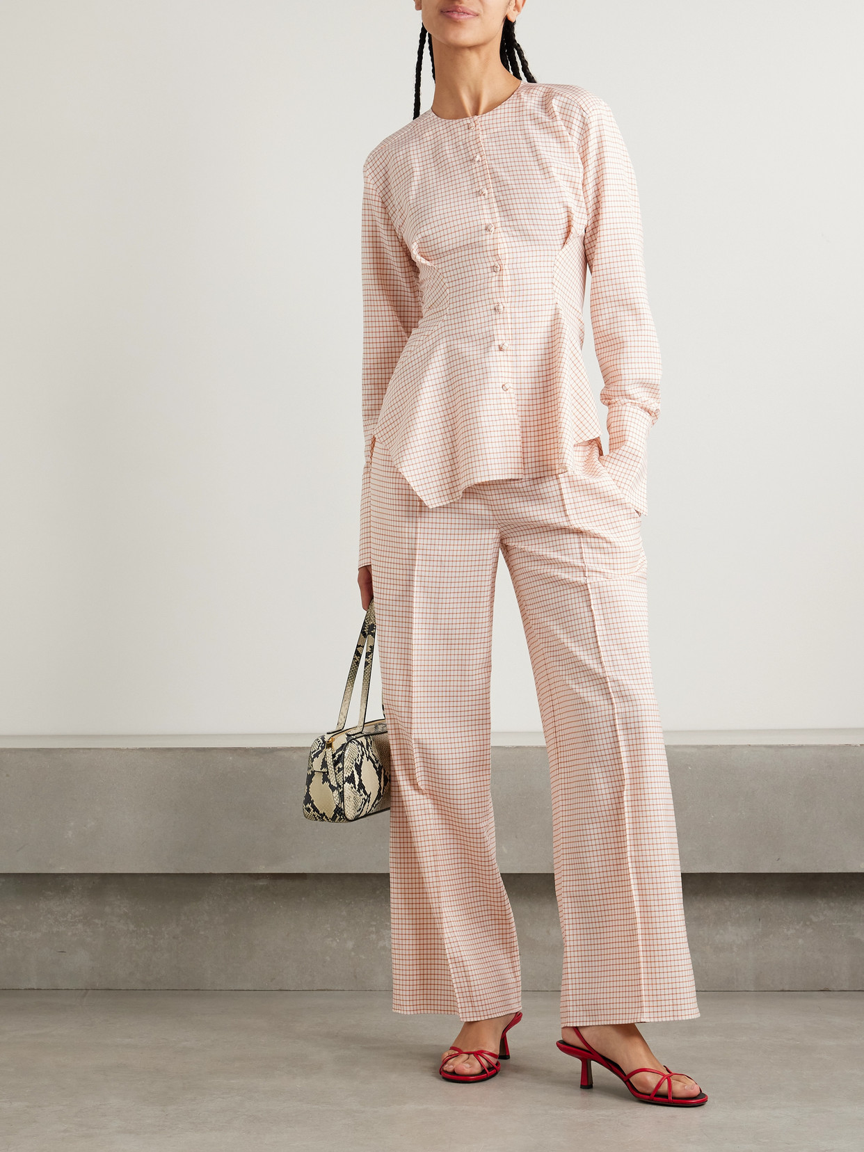 Shop Liberowe Poloma Checked Wool And Cotton-blend Wide-leg Pants In Cream