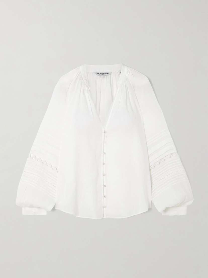 Veronica Beard Ailani Crochet-trimmed Pintucked Ramie-voile Blouse