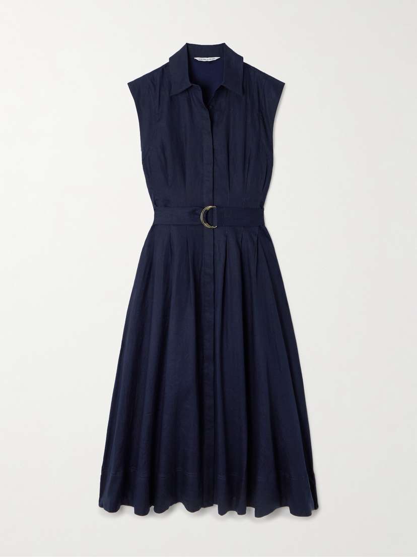 Veronica Beard Loreta Belted Pleated Linen Midi Shirt Dress