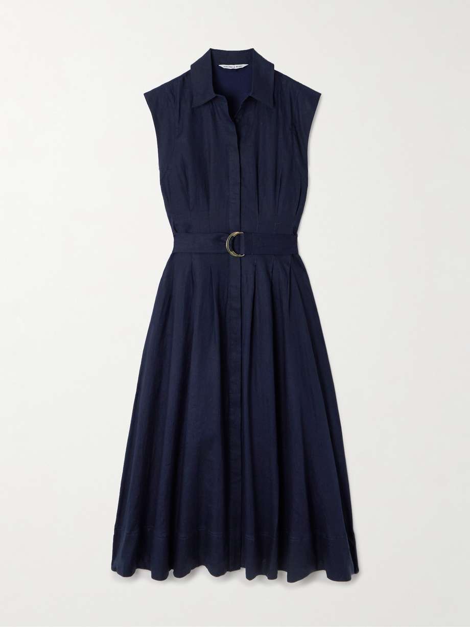 loreta belted pleated linen midi shirt dress