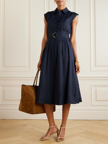 Veronica Beard Loreta belted pleated linen midi shirt dress