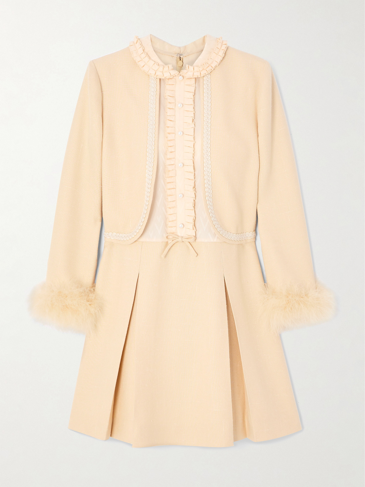 Valentino Feather-trimmed Embellished Jacquard And Woven Mini Dress In Orange