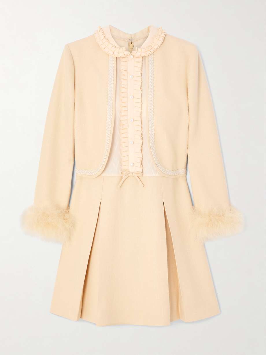 feather-trimmed embellished jacquard and woven mini dress