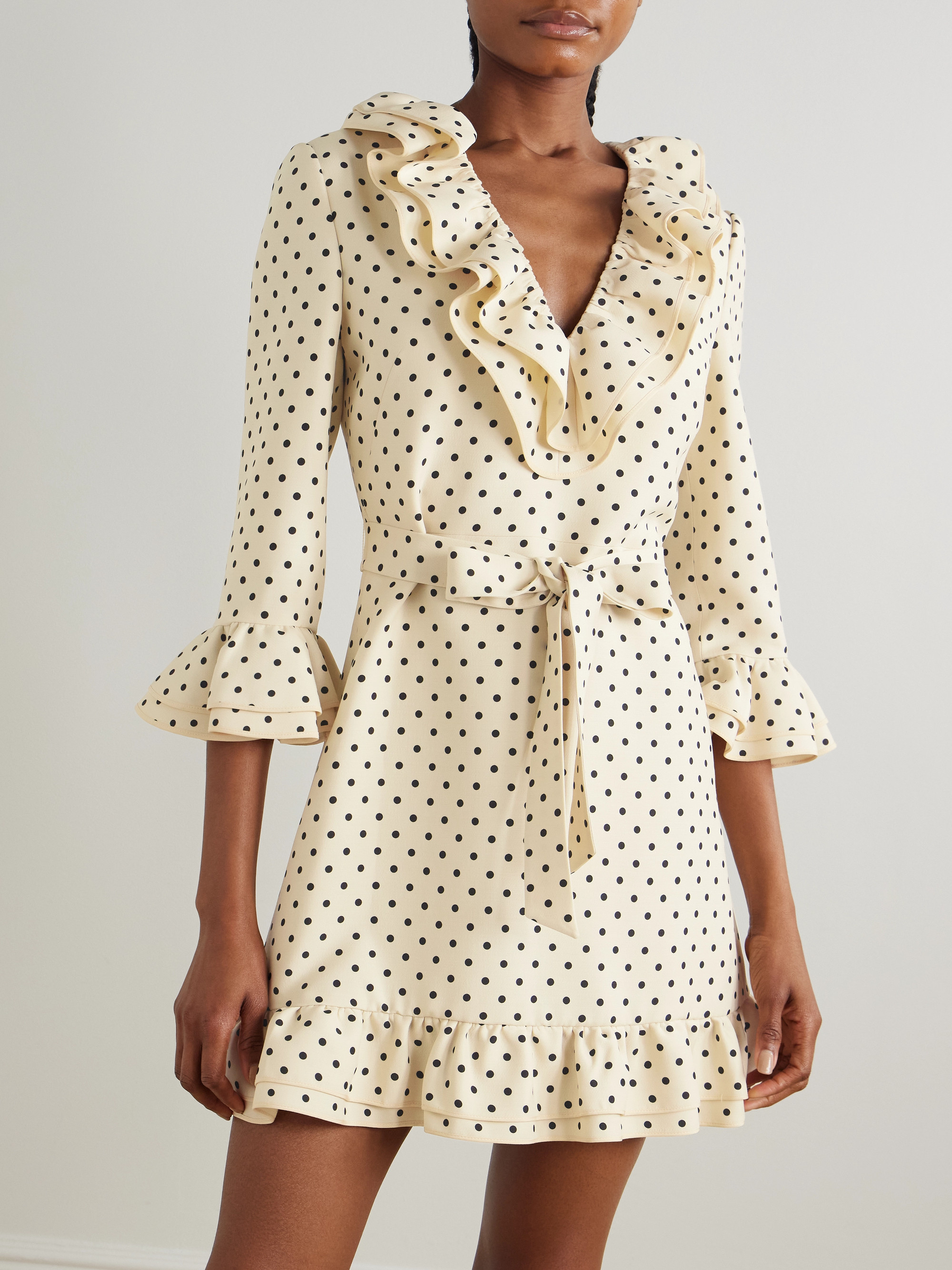 Valentino Belted ruffled polka-dot wool and silk-blend mini dress thumbnail