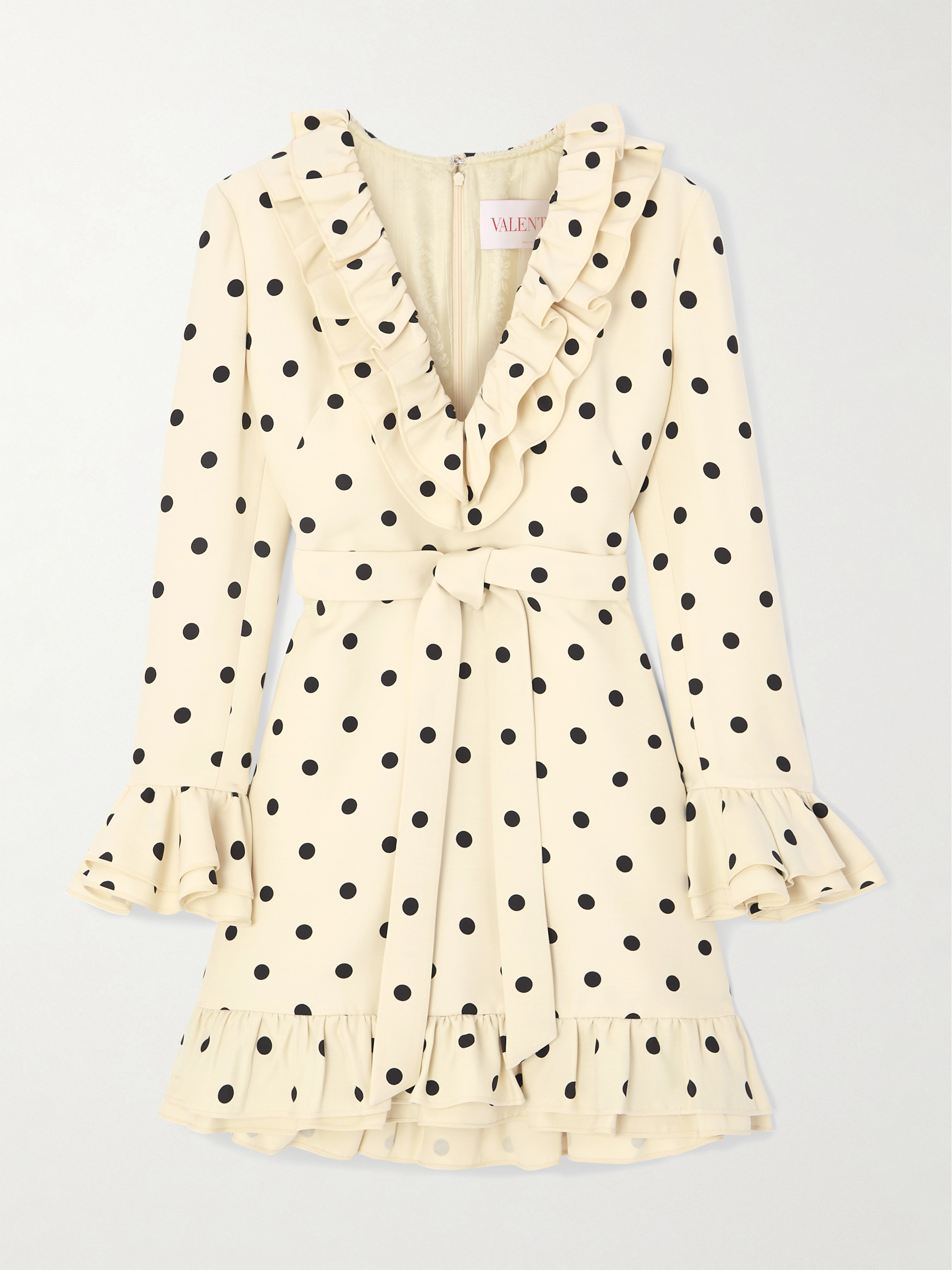 Valentino Belted ruffled polka-dot wool and silk-blend mini dress thumbnail