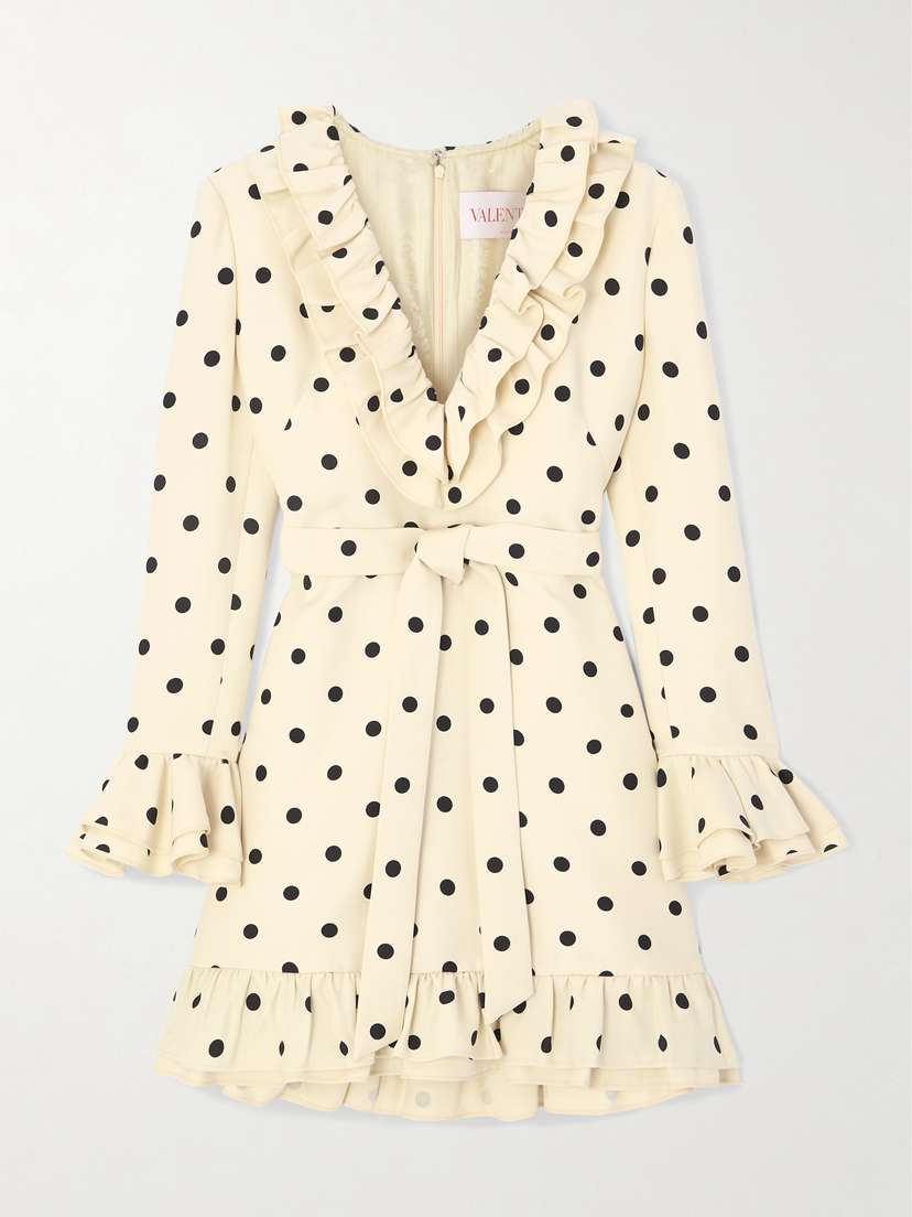 Valentino Garavani Belted Ruffled Polka-dot Wool And Silk-blend Mini Dress