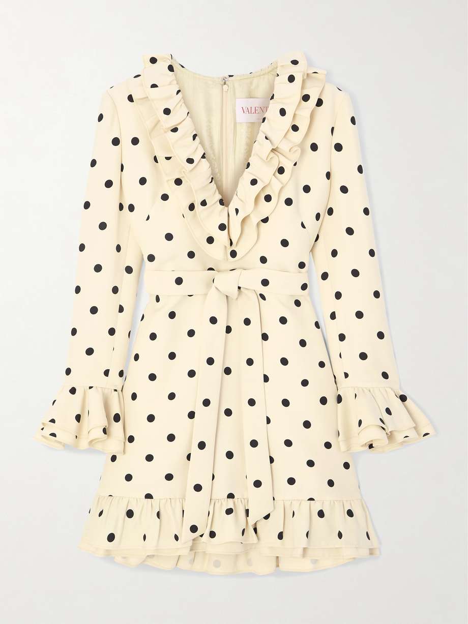 belted ruffled polka-dot wool and silk-blend mini dress