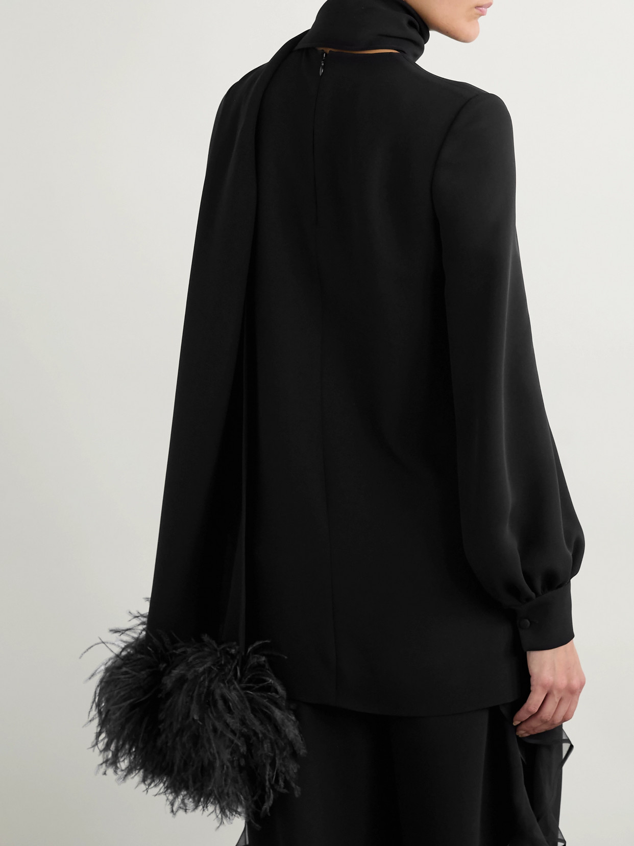 Garavani - Feather-Trimmed Scarf-Detailed Silk Crepe De Chine Blouse