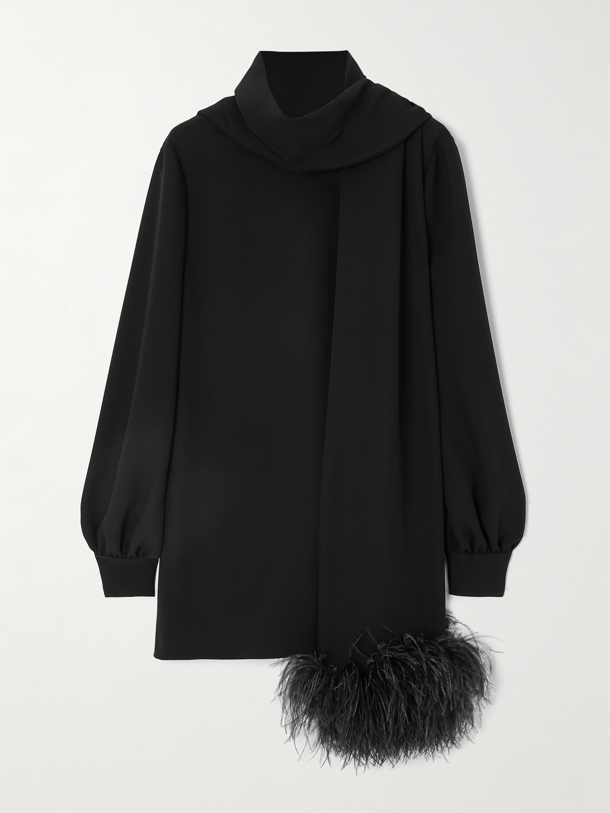 Valentino Feather-trimmed Scarf-detailed Silk Crepe De Chine Blouse In Black