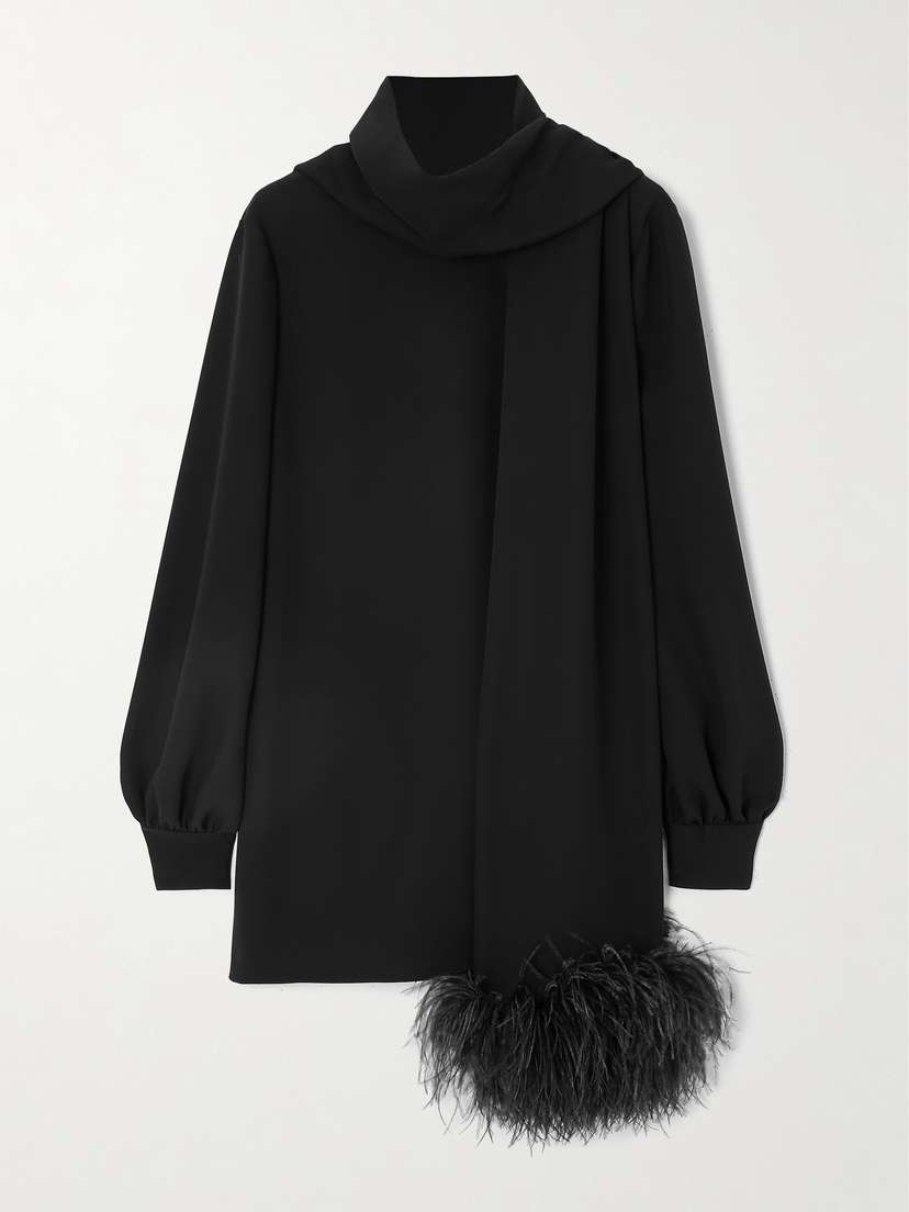Valentino Garavani Feather-trimmed Scarf-detailed Silk Crepe De Chine Blouse