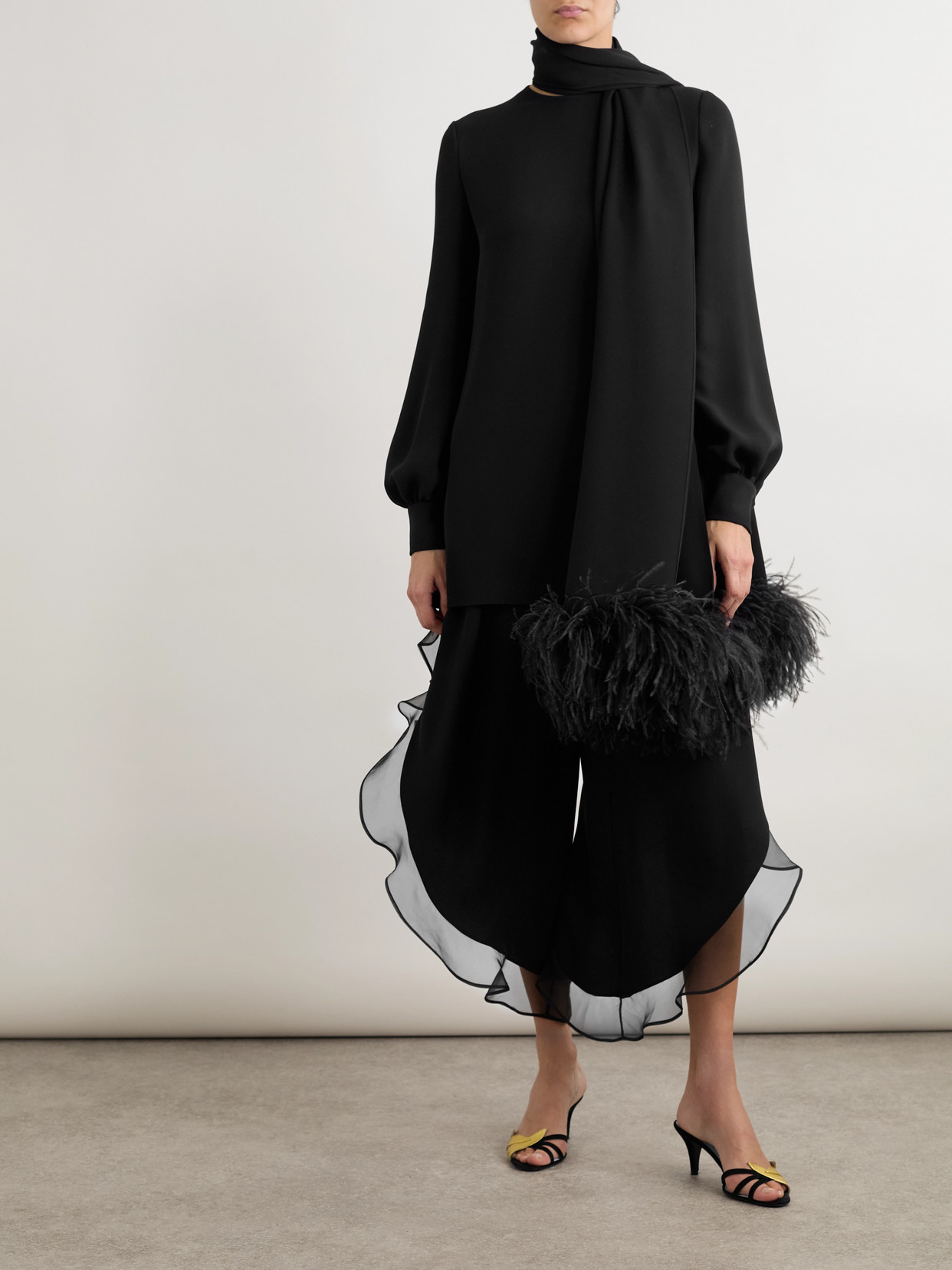 Garavani - Feather-Trimmed Scarf-Detailed Silk Crepe De Chine Blouse