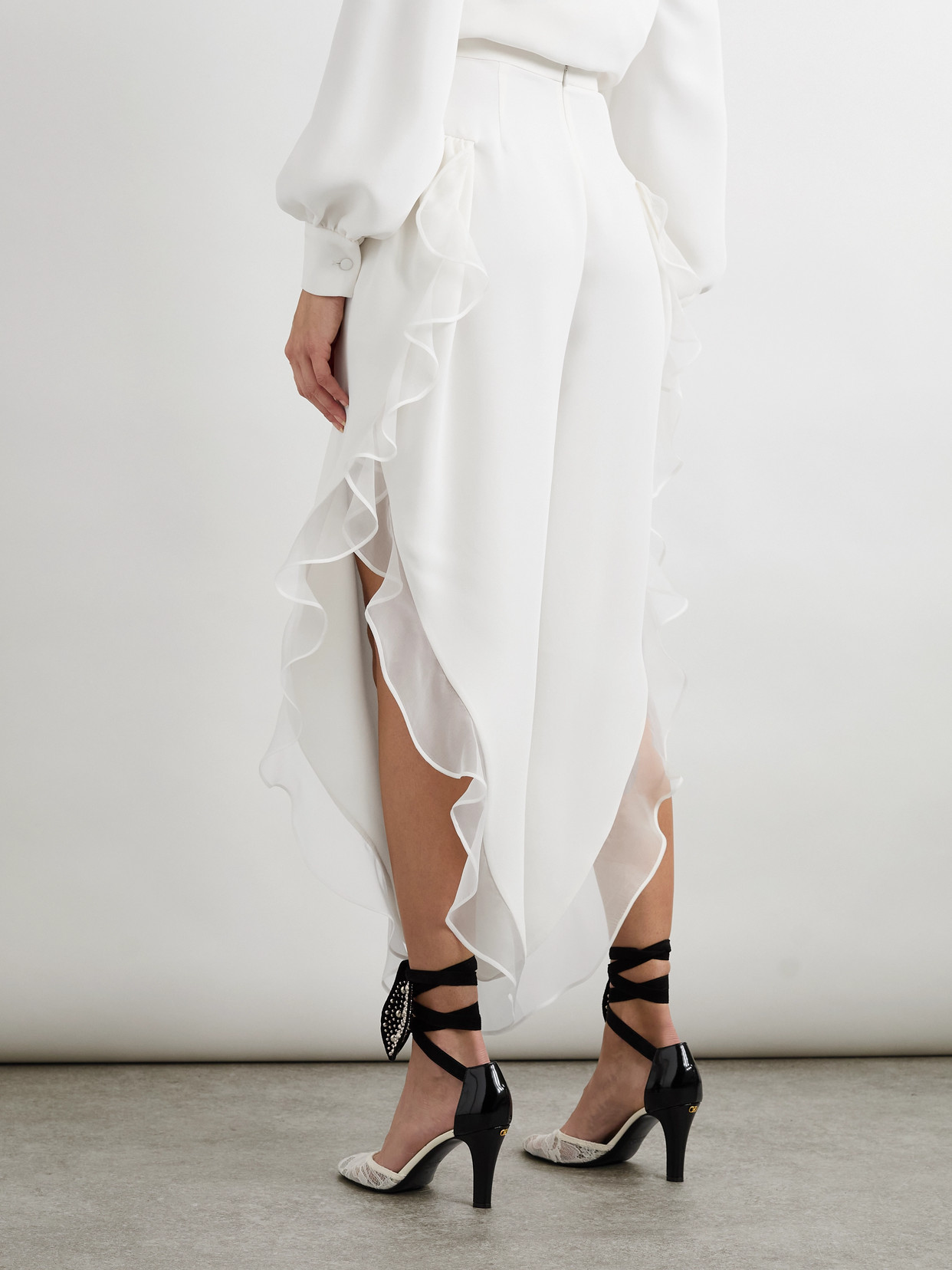 Valentino Asymmetric Chiffon-trimmed Silk-crepe Pants In White