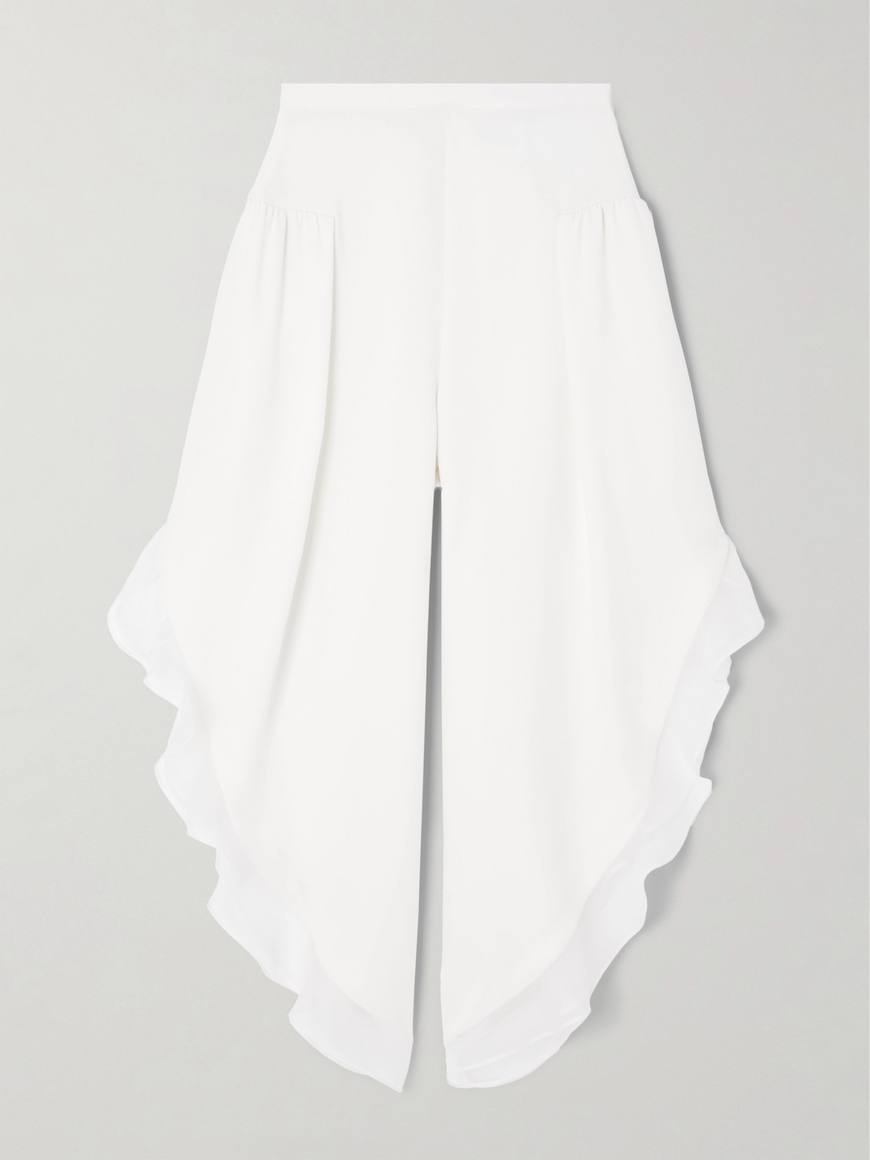 Valentino Asymmetric Chiffon-trimmed Silk-crepe Trousers In White