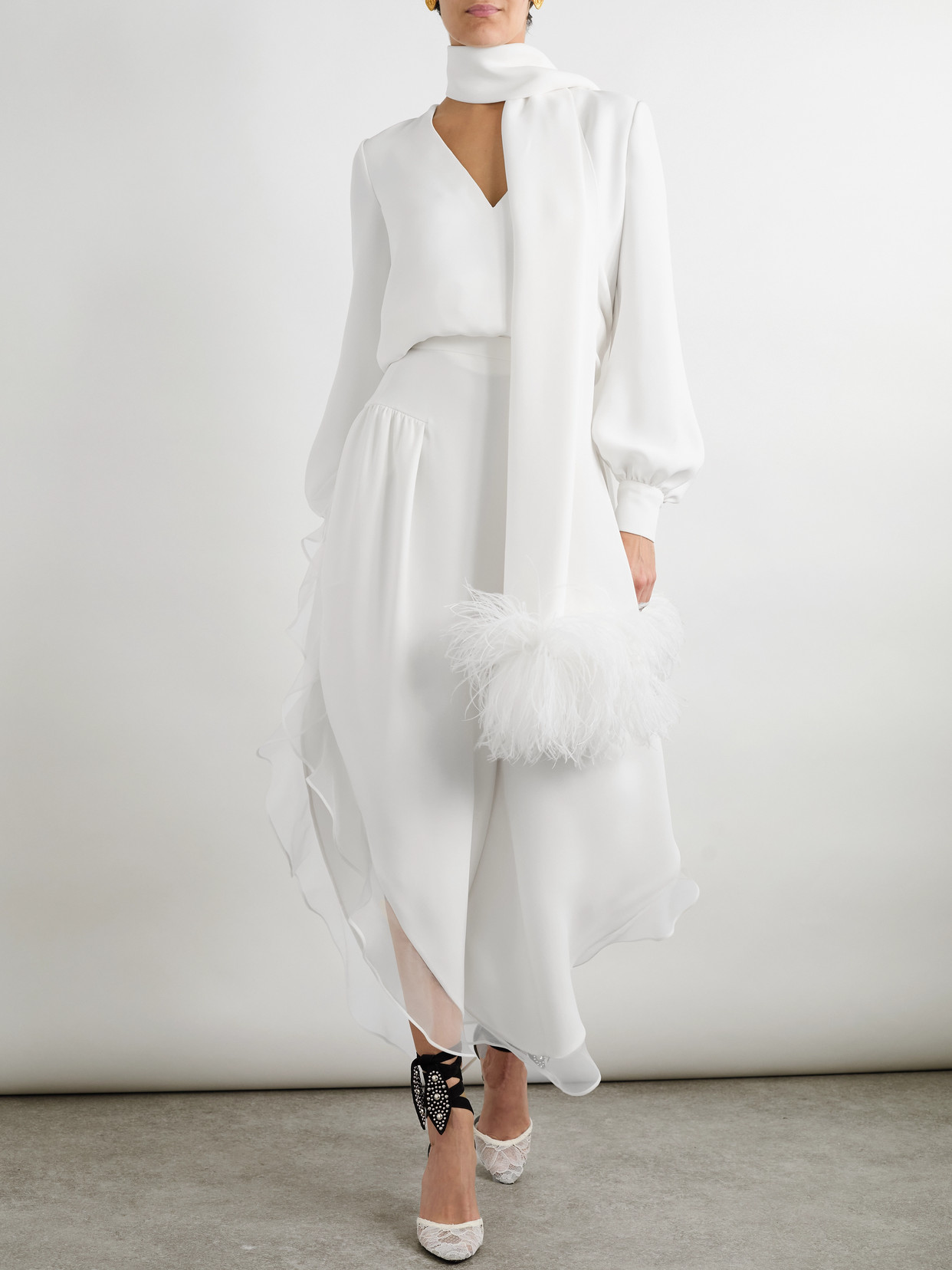 Valentino Asymmetric Chiffon-trimmed Silk-crepe Pants In White