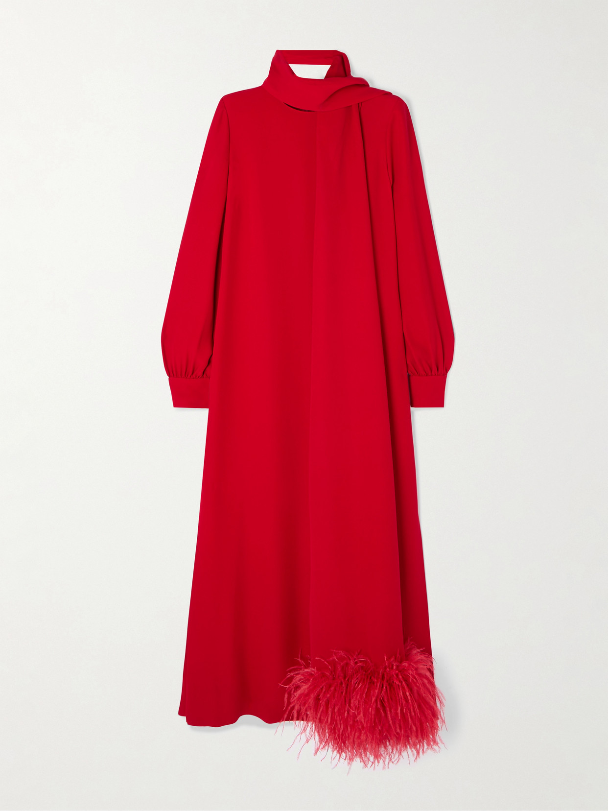 Valentino Tie-neck Feather-trimmed Silk-crepe Gown In Red
