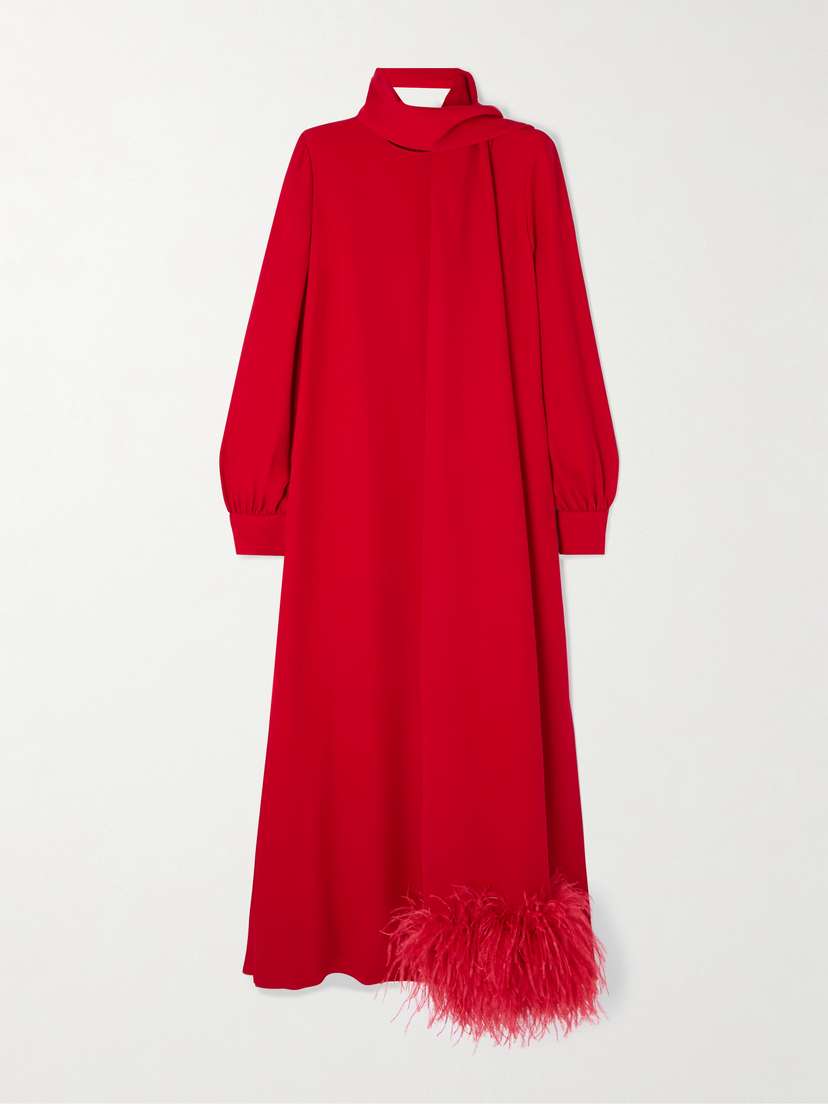 Valentino Garavani — Tie-neck feather-trimmed silk-crepe gown