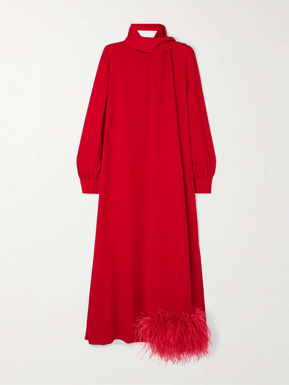 tie-neck feather-trimmed silk-crepe gown