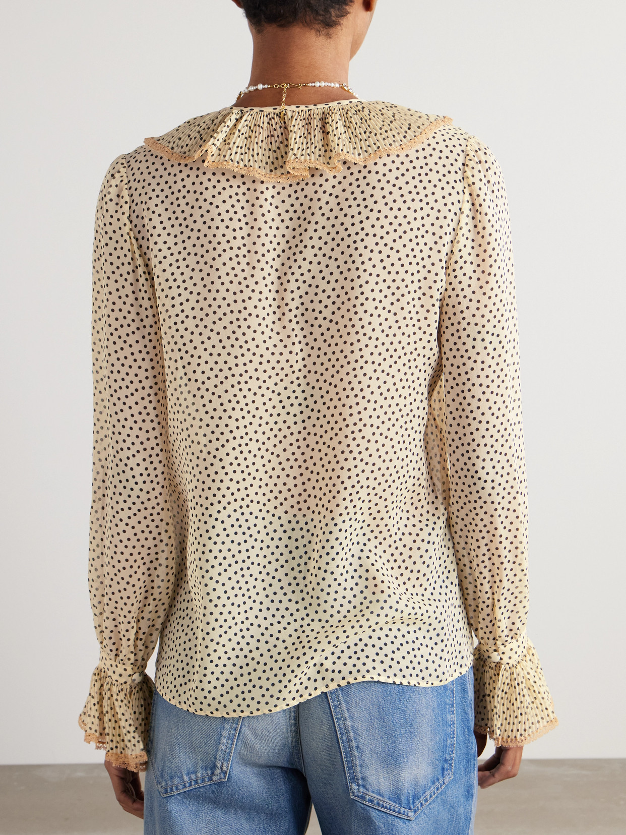 Garavani - Lace-Trimmed Ruffled Polka-Dot Silk-Chiffon Blouse