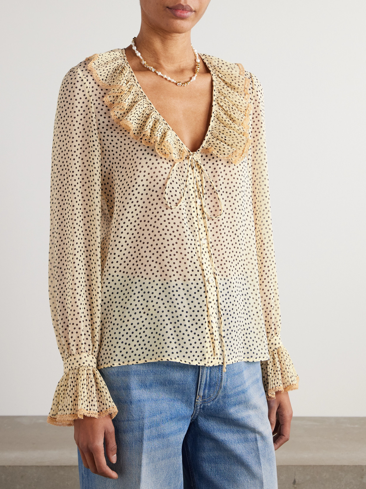 Garavani - Lace-Trimmed Ruffled Polka-Dot Silk-Chiffon Blouse
