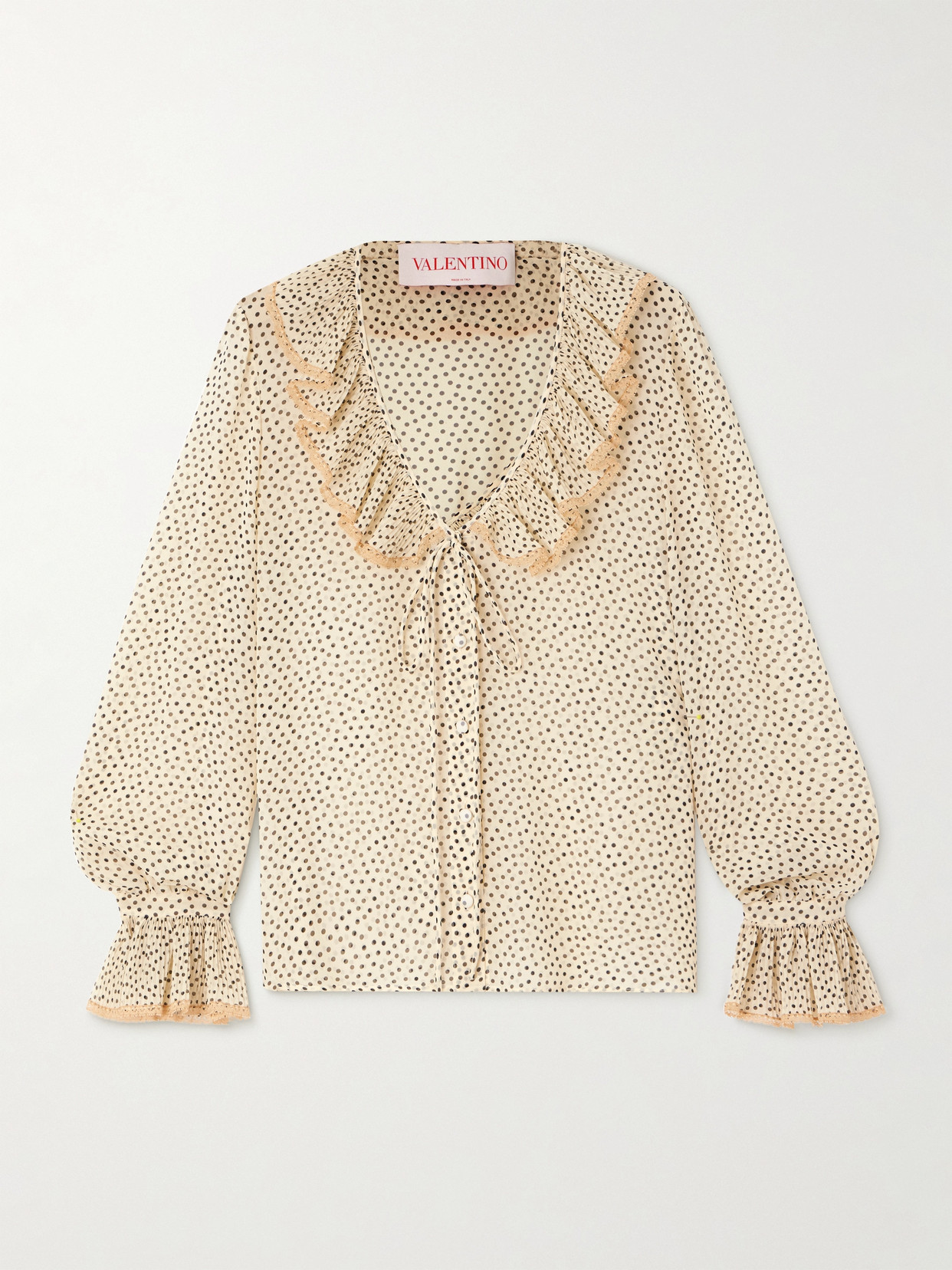Valentino Silk Blouse With Ruffled Neckline And Polka Dot Pattern In Cream