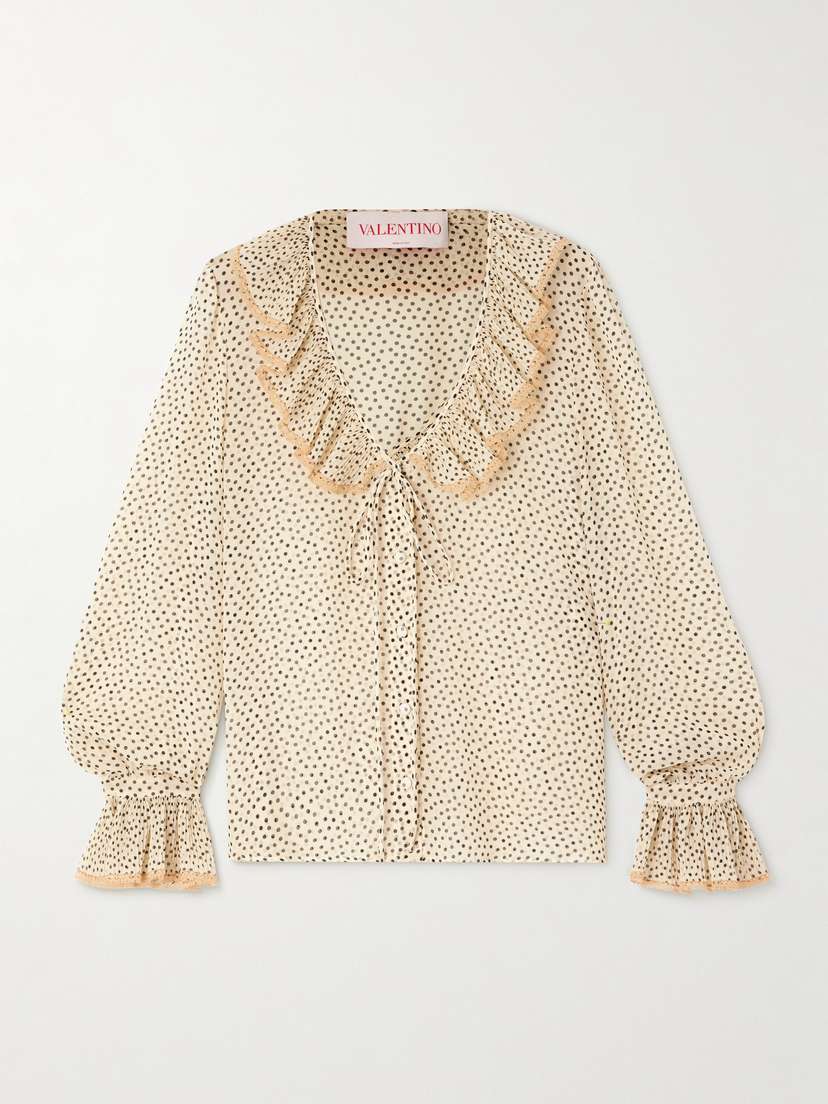 Valentino Garavani — Lace-trimmed ruffled polka-dot silk-chiffon blouse