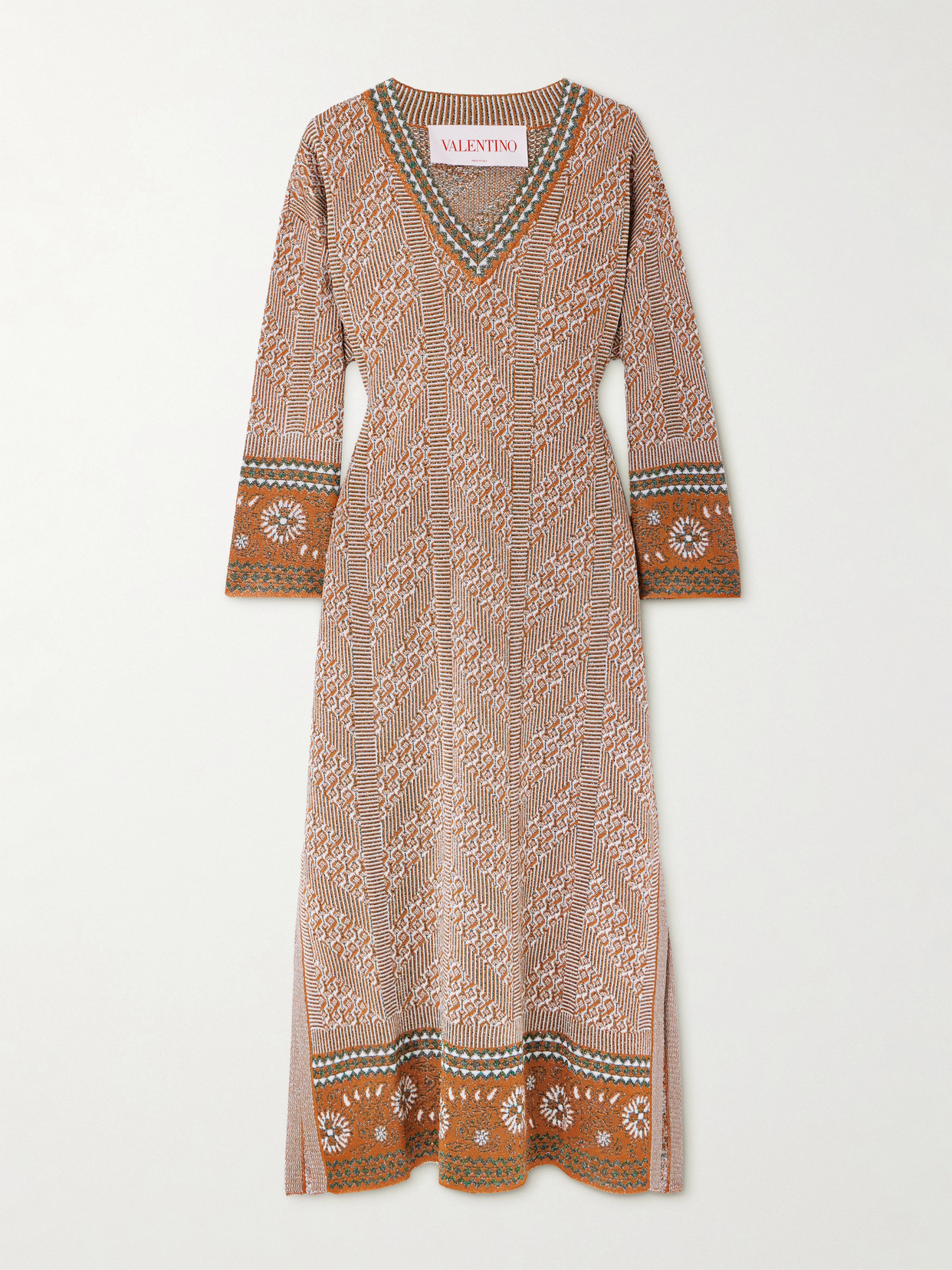 Valentino Metallic Intarsia-knit Midi Dress In Brown