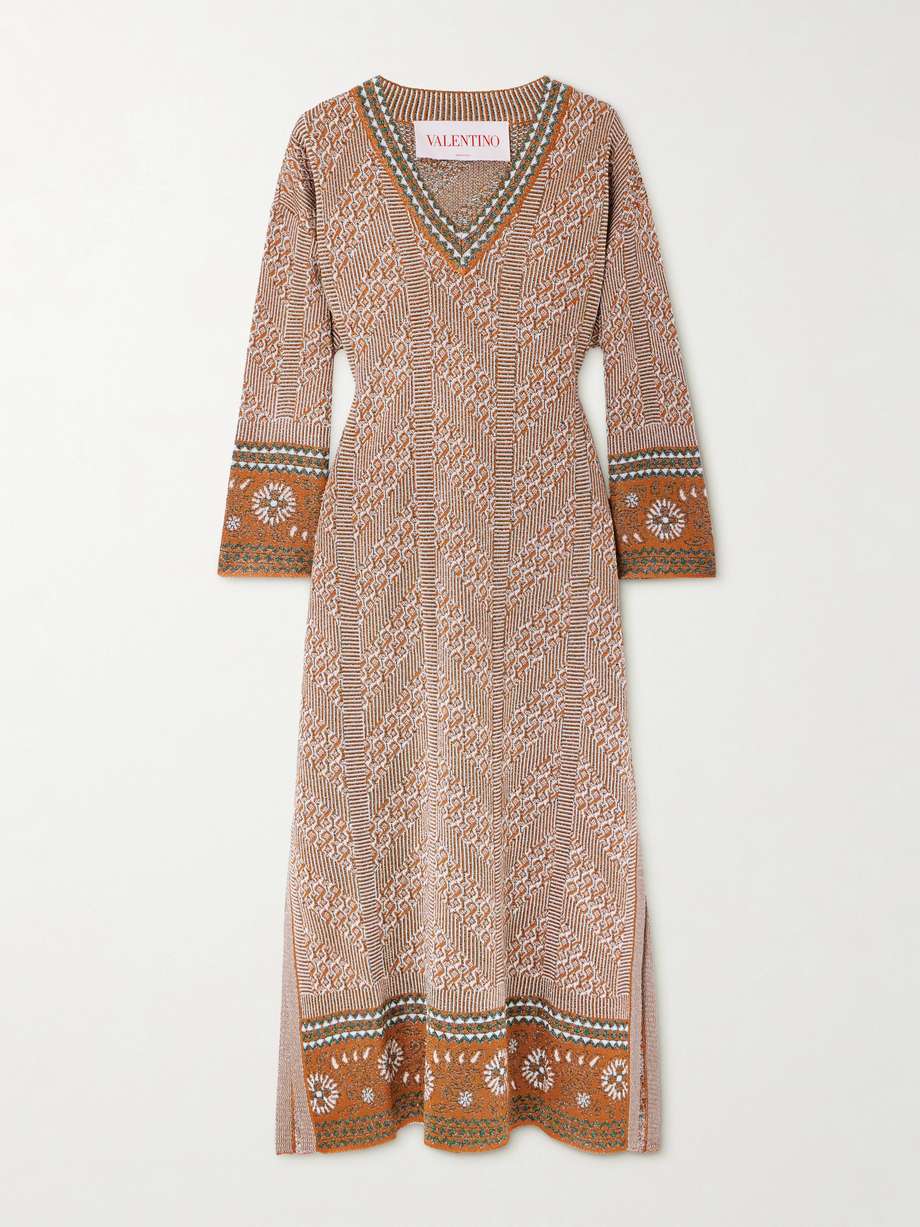 metallic intarsia-knit midi dress