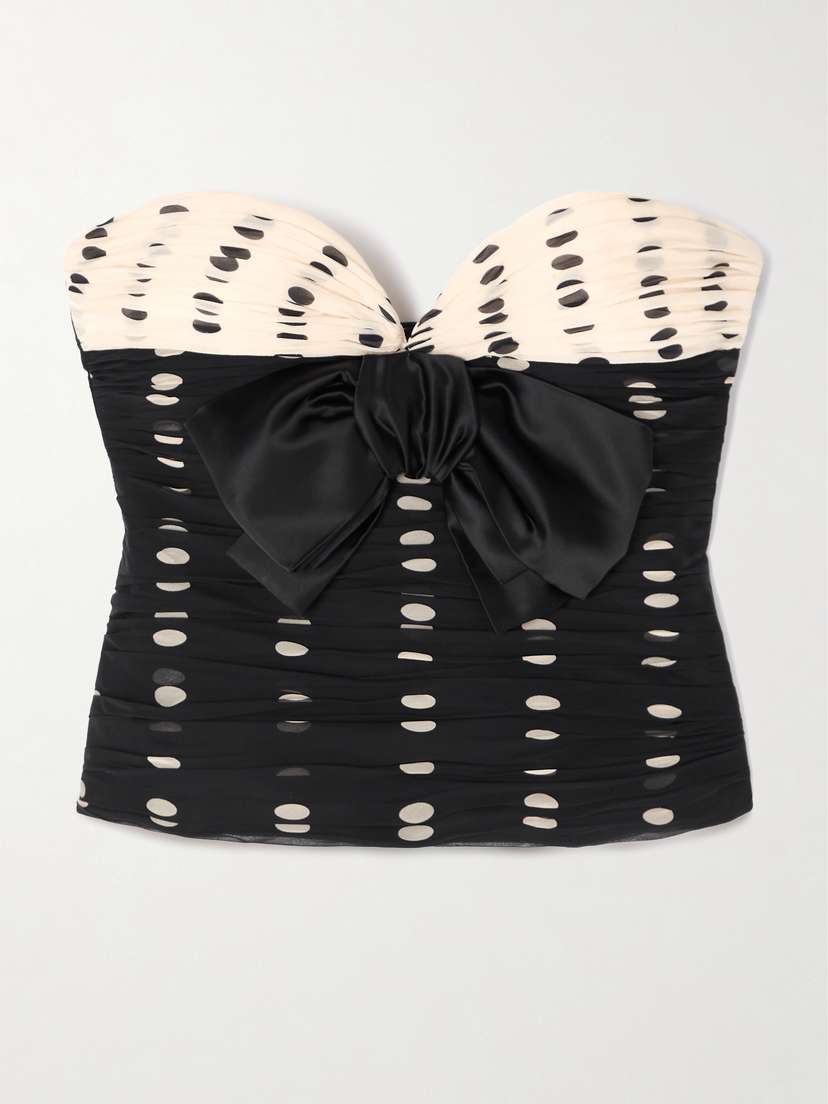 Valentino Garavani Satin Bow-detailed Ruched Silk-chiffon Strapless Top
