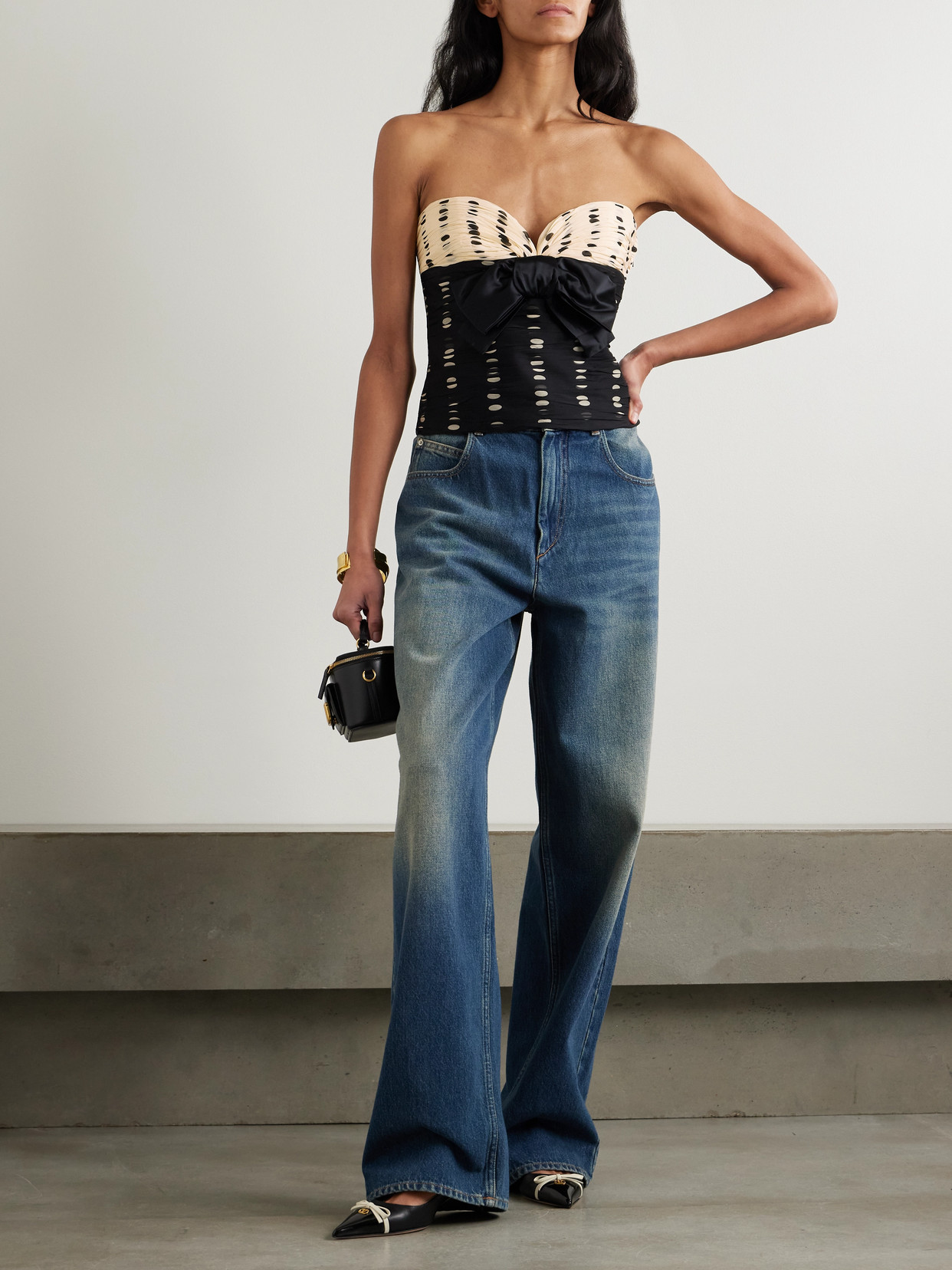 Garavani - Satin Bow-Detailed Ruched Silk-Chiffon Strapless Top