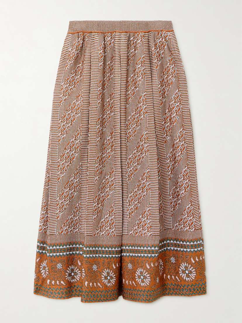 Valentino Garavani Pleated Metallic Intarsia-knit Midi Skirt