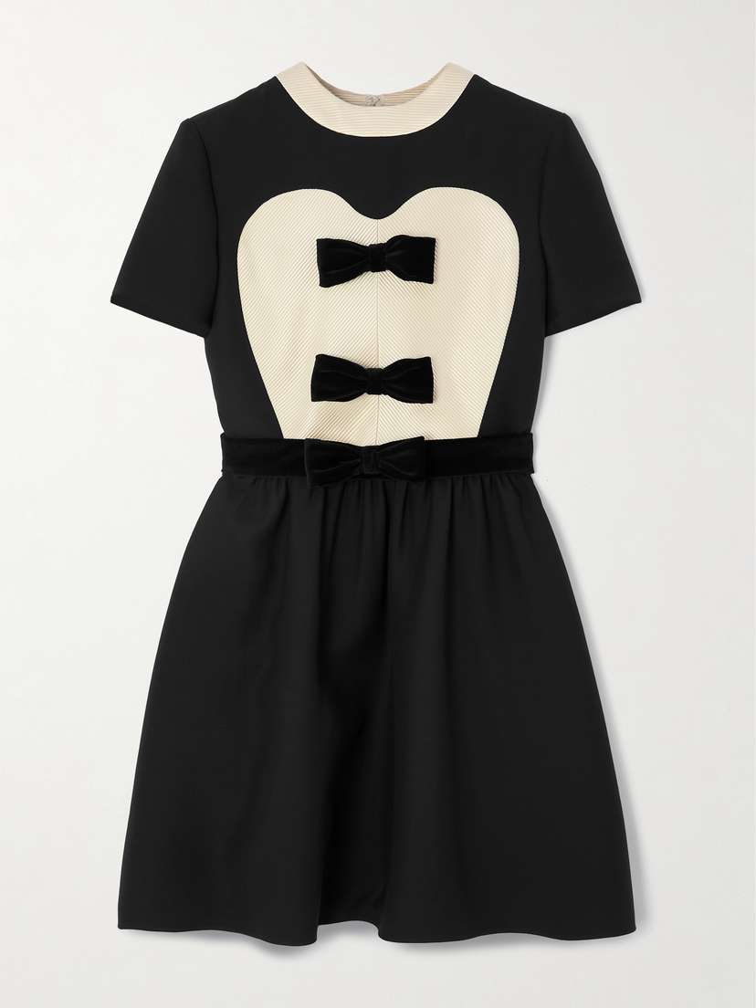 Valentino Garavani Bow-detailed Velvet And Ribbed Satin-trimmed Wool And Silk-blend Mini Dress
