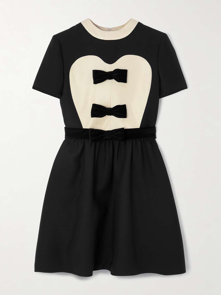 bow-detailed velvet and ribbed satin-trimmed wool and silk-blend mini dress