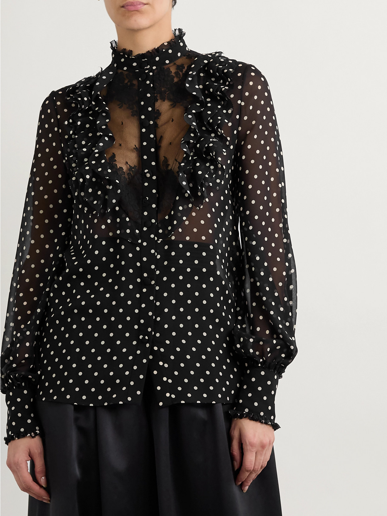 Garavani - Ruffled Lace-Trimmed Polka-Dot Silk-Chiffon Shirt