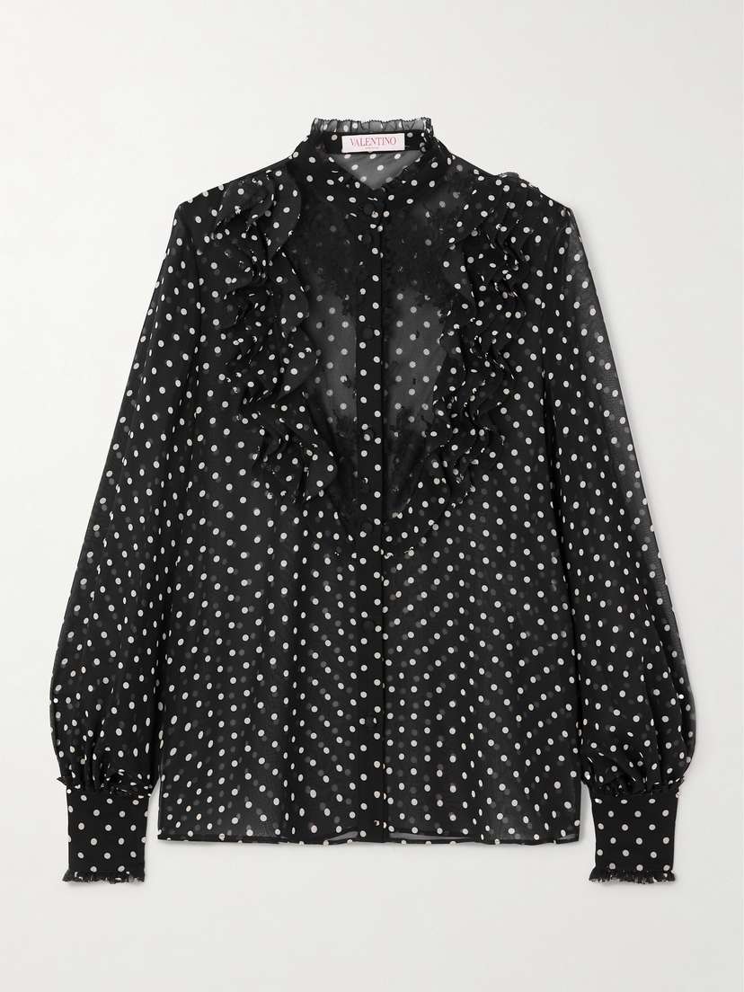 Valentino Garavani — Ruffled lace-trimmed polka-dot silk-chiffon shirt