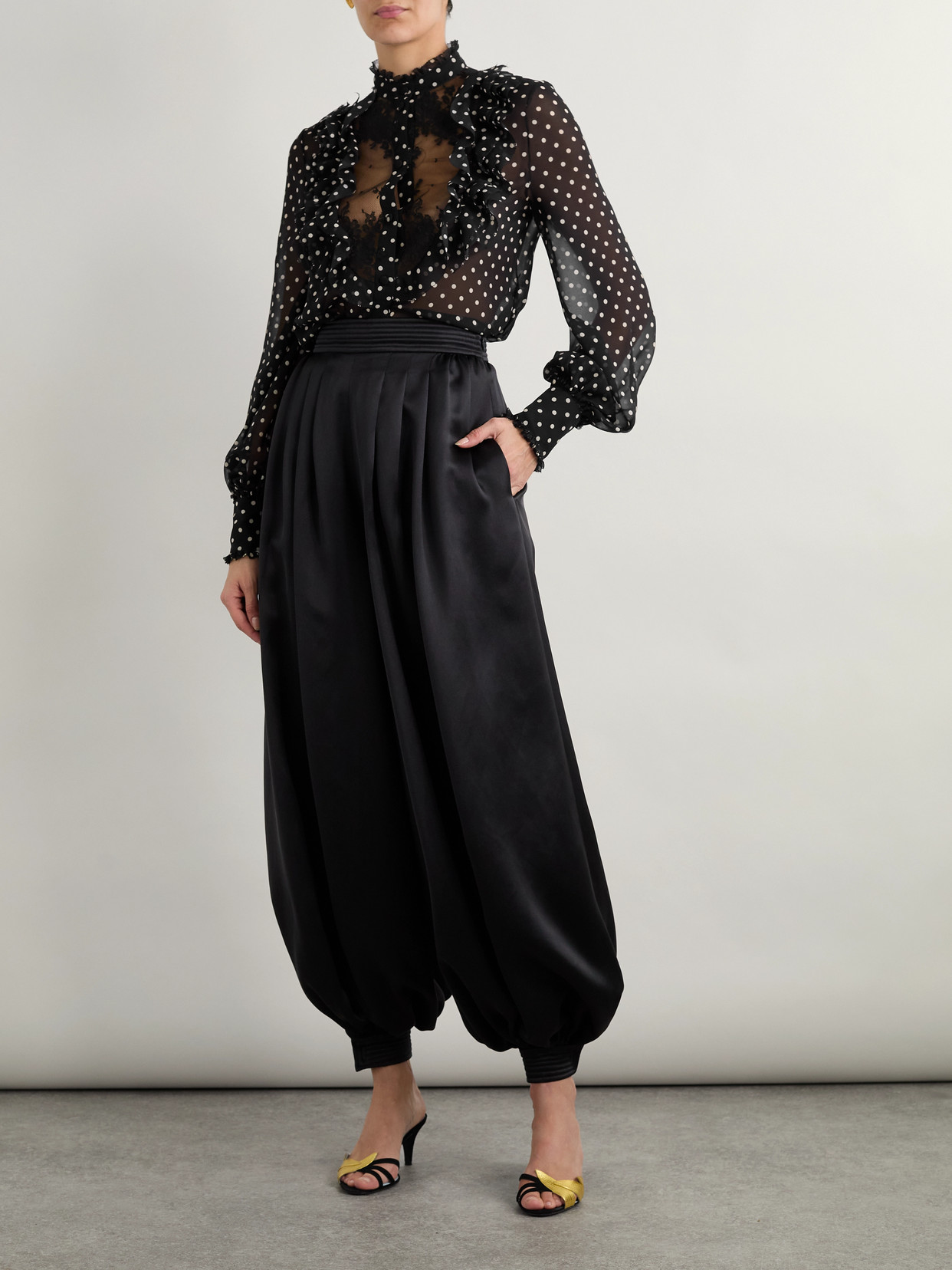 Garavani - Ruffled Lace-Trimmed Polka-Dot Silk-Chiffon Shirt