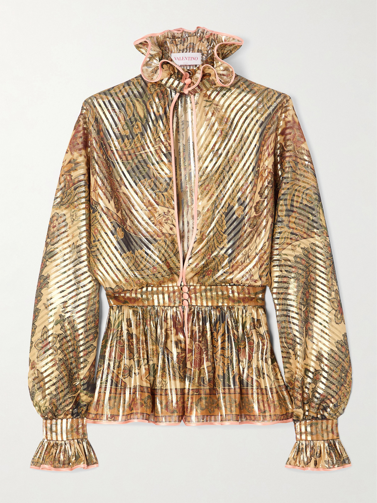 Shop Valentino Satin-trimmed Cutout Ruffled Metallic Printed Silk-blend Chiffon Blouse In Neutrals