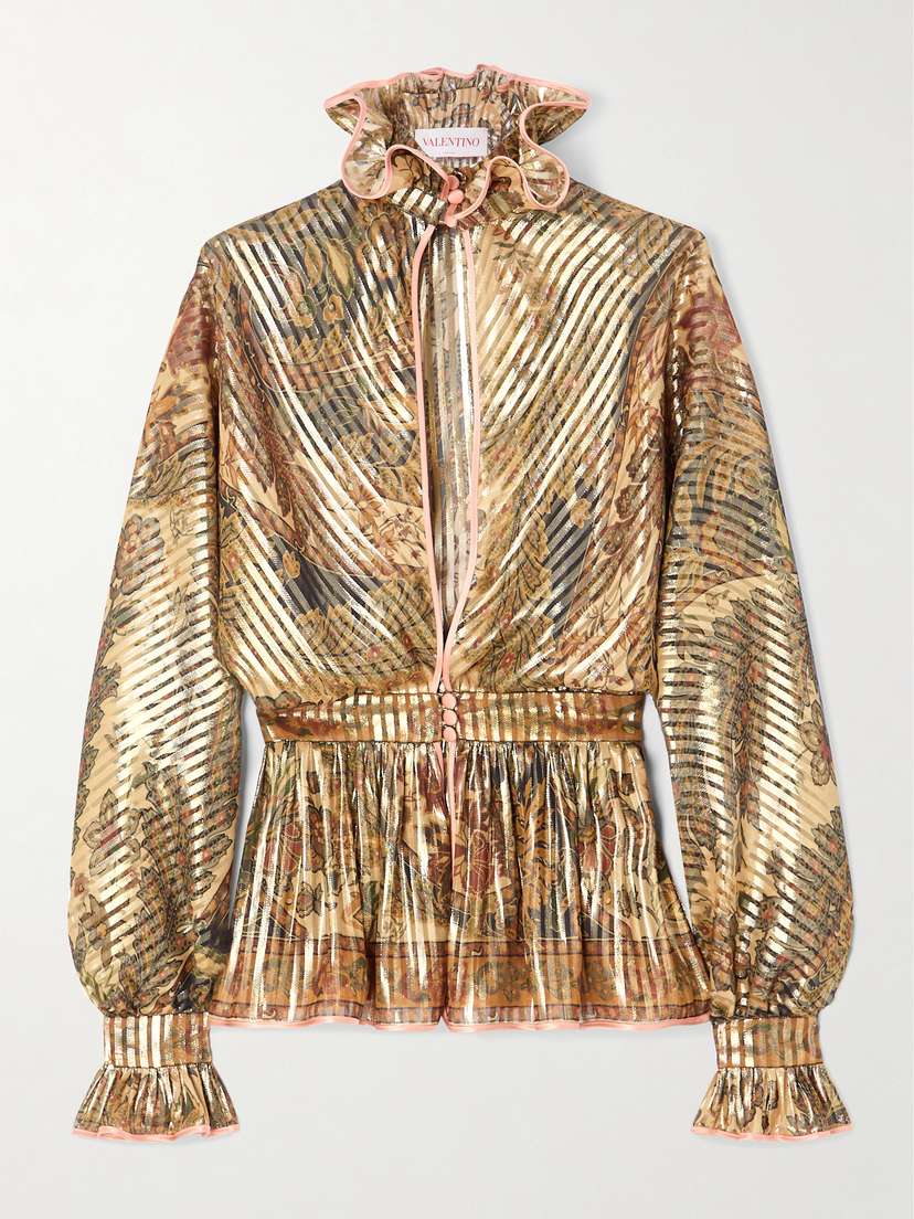 Valentino Garavani Satin-trimmed Cutout Ruffled Metallic Printed Silk-blend Chiffon Blouse