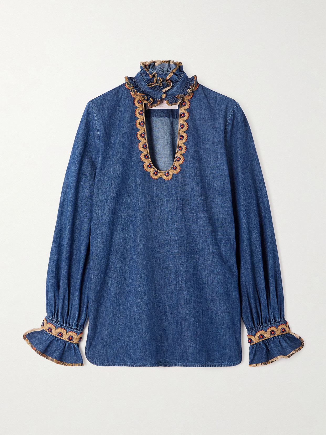 Valentino Belted Embroidered Ruffled Embellished Chambray Top In Blue