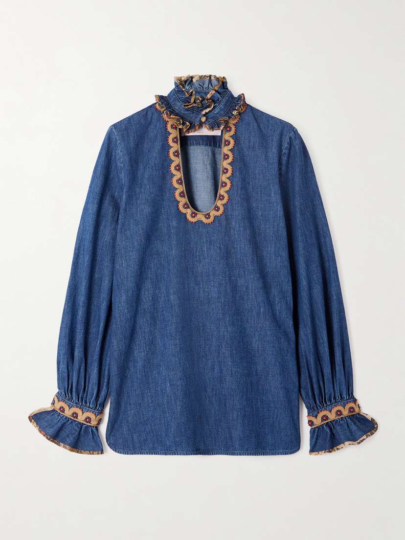 Valentino Garavani Embroidered Ruffled Embellished Chambray Top