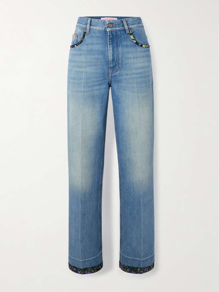 Valentino Garavani — Printed chiffon-trimmed high-rise straight-leg jeans