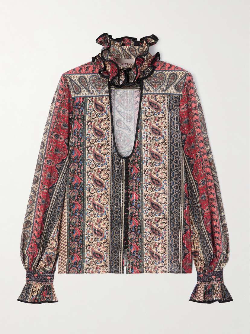 Valentino Garavani Ruffled Cutout Satin-trimmed Metallic Printed Cotton-blend Blouse