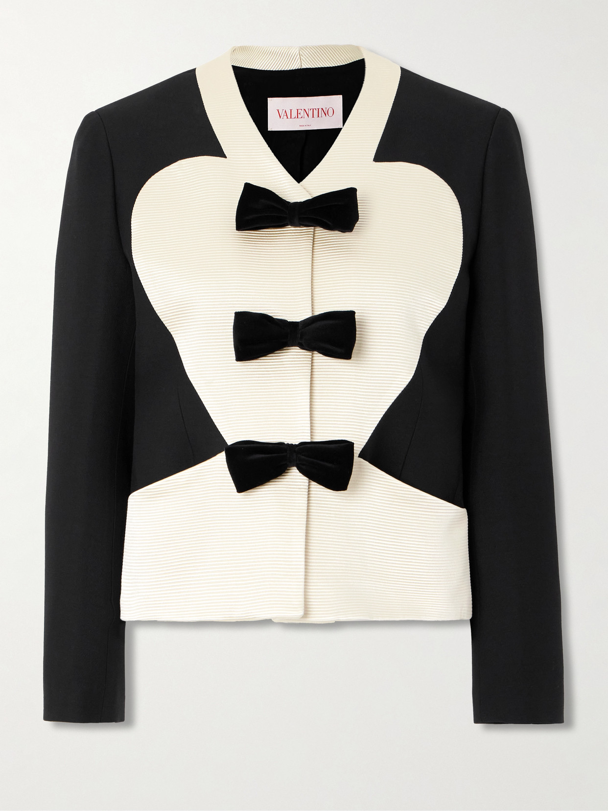 Shop Valentino Bow-embellished Ribbed Cotton-blend And Wool And Silk-blend Crepe Jacket In Black